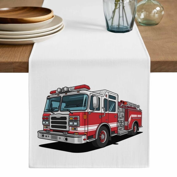 Red Fire Truck Table Runner, Funny Cute Car Washable Cotton Linen Table Runners 36 Inches Long, Dresser Scarf Runner for Nightstand/End Tables/Round Tables 13''x36''