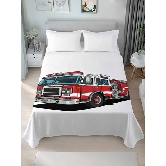 Red Fire Truck Twim Size Flat Sheet, Wrinkleproof & Fadeproof Cooling Flat Bed Sheet Only, Funny Cute Car Breathable Soft Bedding Top Sheets 66 x 96 Inches