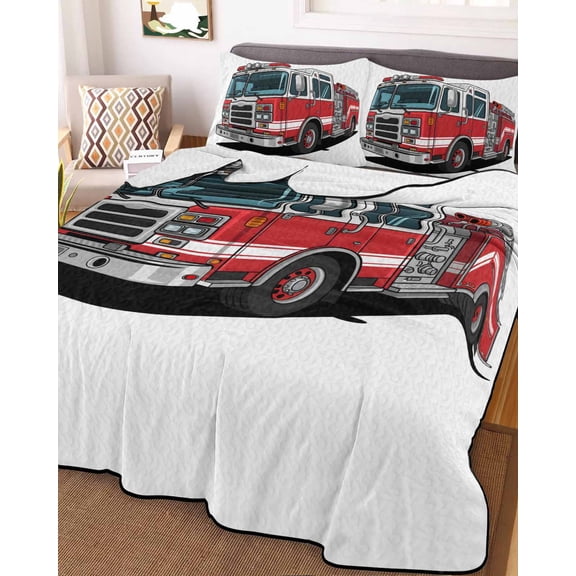 Red Fire Truck Twin Size Down Alternative Comforter, Lightweight Comforter Quilt Bedding Set with Pillow Shams Funny Cute Car All Seasons Bed Comforter Duvet Insert 68"x86"
