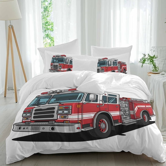 Red Fire Truck Twin Size Comforter Set, Retro Classic Car Cartoon Bedding for All Seasons, 4 Pcs Bed Set, 1 Quiltcover (68"x86") ,1Sheet(67"x116"), 2Pillowcases (30"x20")