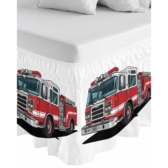 Red Fire Truck Wrap Around Bed Skirts for Queen Bed 16" Drop, Bed Skirt with Adjustable Elastic Belt Dust Ruffle Bed Valance for Bedroom Hotel Luxury Funny Cute Car Bed Frame Cover