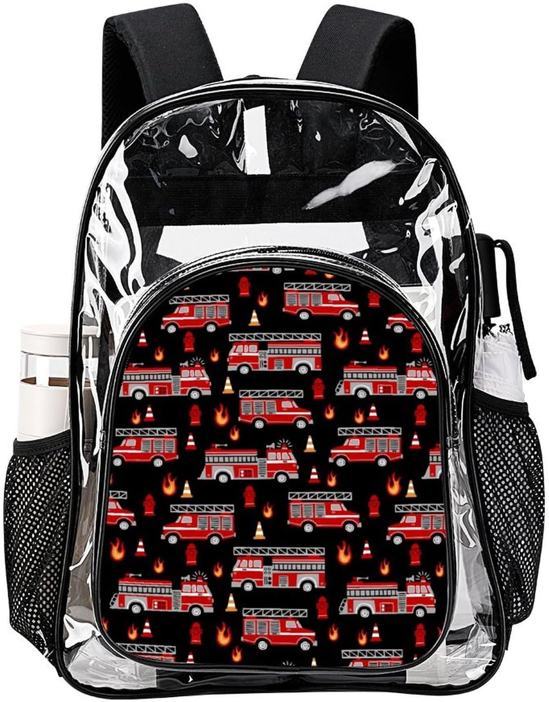 Red Fire Trucks Black Clear Backpack Heavy Duty Clear Backpack For ...