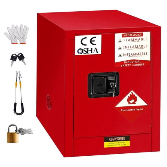 Red Fireproof Storage Cabinet, 4 Gallon Capacity, Cold-Rolled Steel Layers, Flammable Combustible Cabinet, OSHA Compliant, Metalworking Shop, Manufacturing Plant, Home Workshop