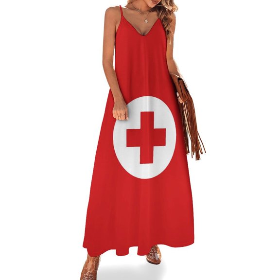 Red First Aid Logo Simple Medical Sleeveless Suspender Dress Summer Fashion Casual Long Dress