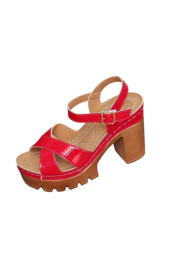 Red Fish Mouth Heeled Sandals For Women Platform High Heels Casual Summer Footwear Pu Material Red Us Size 9.5 Foot Length 10.43 Inches