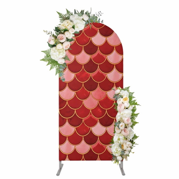 Red Fish Scale Arch Backdrop Cover 4FT, Modern Geometric Ombre Abstract Moroccan Spandex Fitted Stretchy Arch Stand Covers, Round Top Chiara Backdrop Cover for Wedding Party Birthday Baby Shower