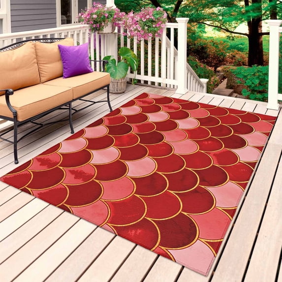 Red Fish Scale Outdoor Rug for Patio/Deck/Porch, Non-Slip Large Area Rug 4 x 6 Ft, Modern Geometric Ombre Abstract Moroccan Indoor Outdoor Rugs Washable Area Rugs, Camping Rug Carpet Runner