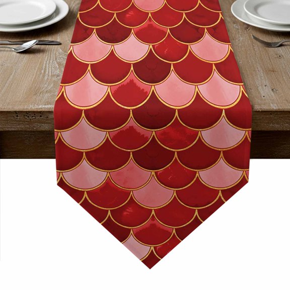 Red Fish Scale Table Runner Linen Burlap Table Runner 36 Inches Small Modern Geometric Ombre Abstract Moroccan Dresser Scarves for Kitchen Island Coffee Dining Room Party Holiday Decoration 13"x36"