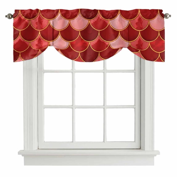 Red Fish Scale Tie Up Valance Curtains for Windows, Kitchen Curtains Window Treatments, Modern Geometric Ombre Abstract Moroccan Short Window Shades Valances for Bedroom Bathroom Cafe 42"x18"