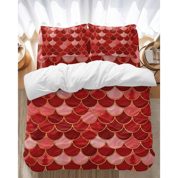 Red Fish Scales Bedding Duvet Cover Set Full Size 4 Pieces Ombre Fish Tail Abstract Art Vintage Bedding Set with Zipper Closure, 1 Comforter Cover 86x86 Inches 1 Flat Sheet & 2 Pillow Cases
