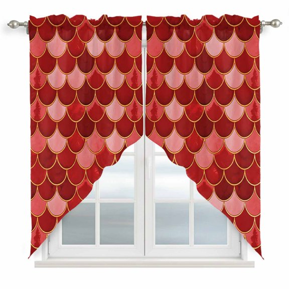 Red Fish Scales Swag Curtain Valance for Window 2 Panels Ombre Fish Tail Abstract Art Vintage Rod Pocket Small Window Swag Valances for Kitchen Bedroom Bathroom 36" W x 63" L