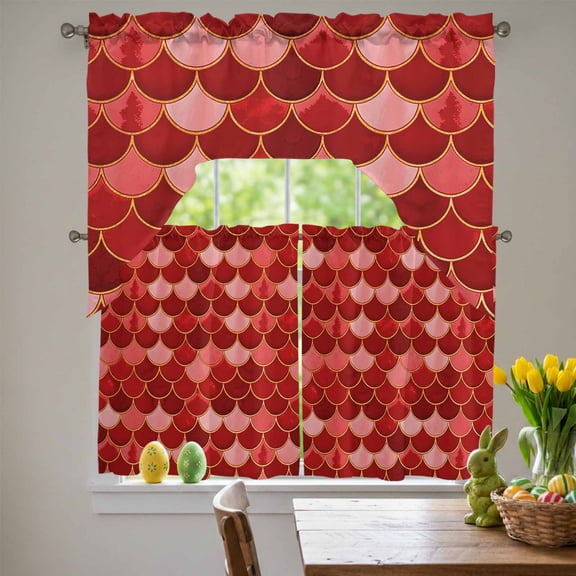 Red Fish Scales Swag Curtains Valance & Tier Set, Ombre Fish Tail Abstract Art Vintage 3 Pcs Set Kitchen Swag Valances and Tiers 36 Inch Length Rod Pocket Curtain Drapes for Bedroom