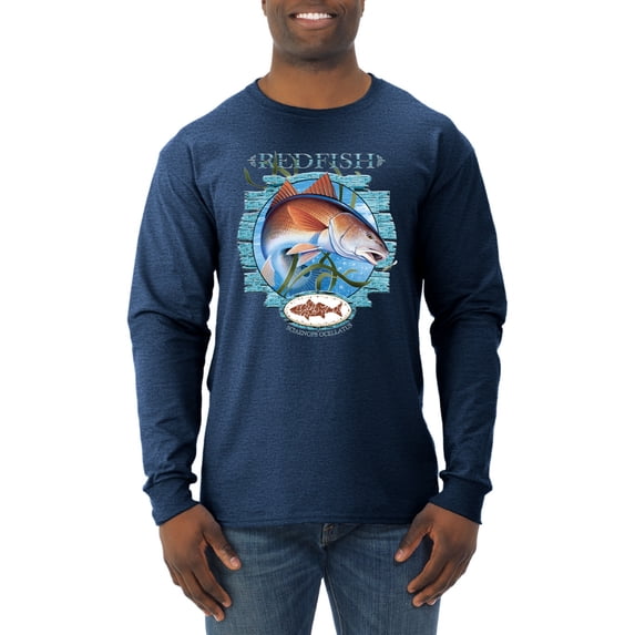 Red Fish Sciaenops Ocellatus Mens Long Sleeve Shirt, Vintage Heather Navy, Small