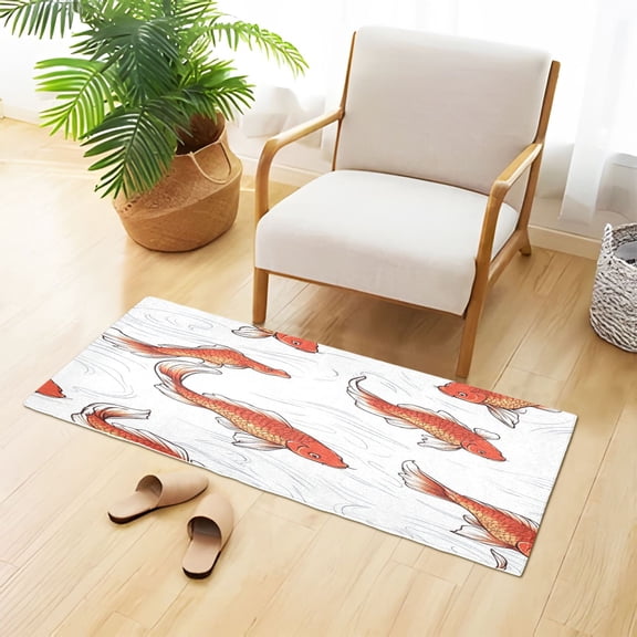 Red Fish on White Plush Absorbent Bath Mat Non Slip TPR Backing 39"x20" Soft Durable