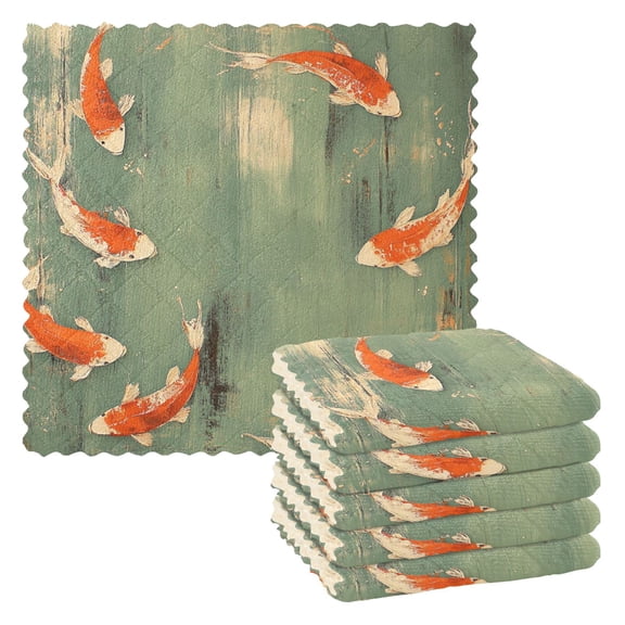 Red Fishes in Circle Kitchen Cloth Dish Towels for Drying Washing Absorbent Dish Rags 6 Pack