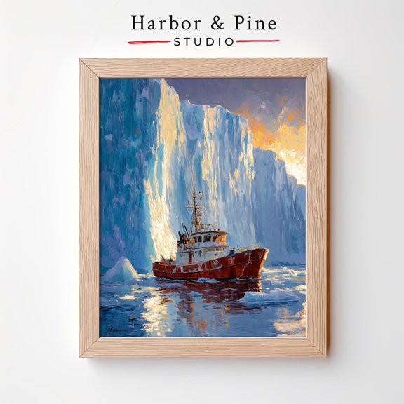 Red Fishing Boat in Arctic Waters Dramatic Iceberg Art, Unframed Paper Poster 8x10in