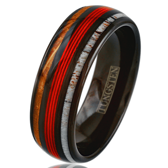 Red Fishing Line Tungsten Carbide Wedding Band Ring for Men & Women – Whiskey Barrel Oak Wood & Deer Antler Inlays