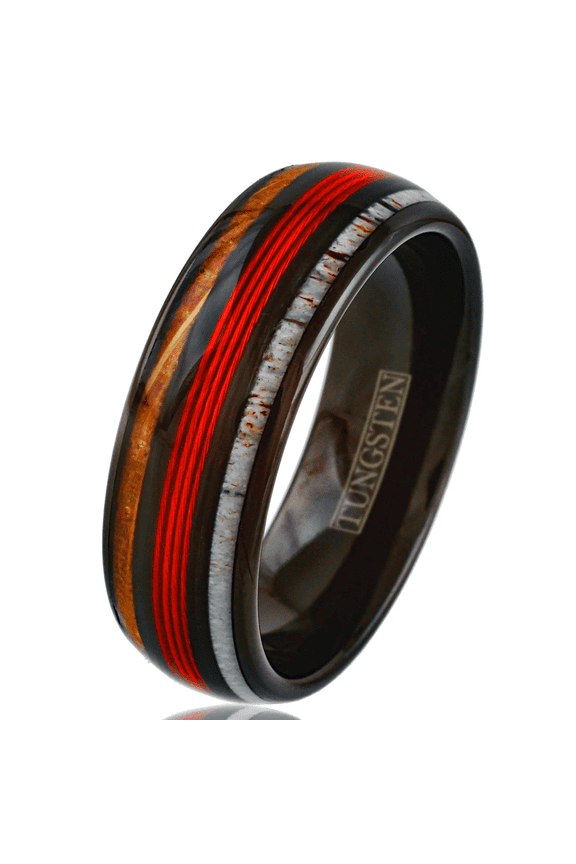 Red Fishing Line Tungsten Carbide Wedding Band Ring for Men & Women – Whiskey Barrel Oak Wood & Deer Antler Inlays