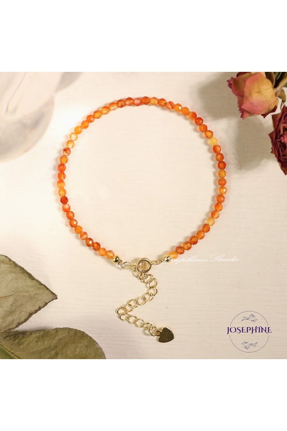 Red Flame Agate 3mm Round Shape Faceted Cut Beads 7 inch Adjustable Gold Plated Clasp Bracelet for men, women, unisex. Link Chain Stacking Bracelet.|LINK_05760