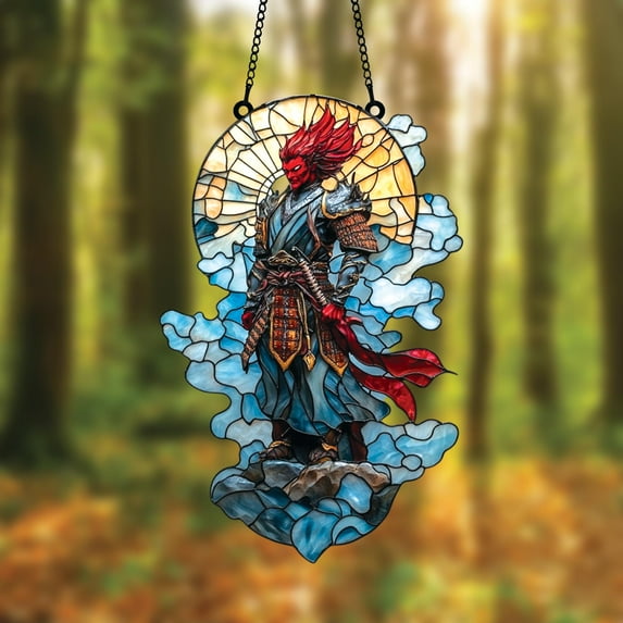 Red Flame Hero Suncatcher, Acrylic Window Hanging with Mythic Warrior in Armor, Cloud and Sun Decor Gift for Fantasy Room or RPG Fans