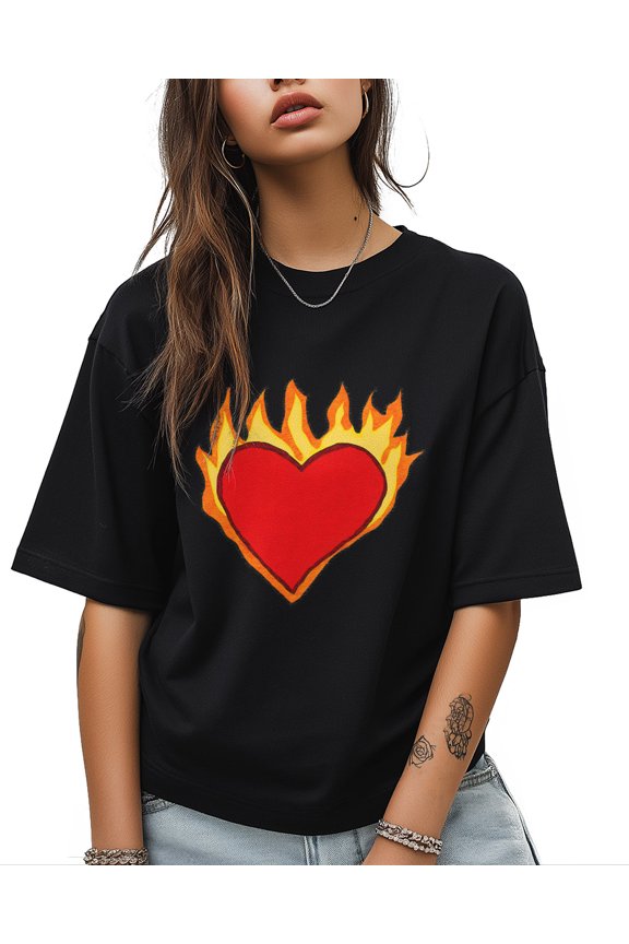 Red Flame Love T Shirts for Women Short Sleeve Cotton Crewneck T-Shirt Cartoon Love Yellow Flame Tee Tops Casual Basic T-Shirts, XS-5XL Black XS