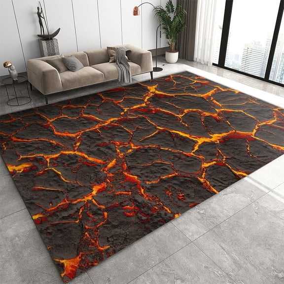 Red Flame Magma Area Rug Lava Magma Cracks For Living Room Rugs, Indoor Non-Slip Rugs, Machine Washable Breathable Durable Carpet For Bedroom Study Front Entrance Floor Decor 4x6ft