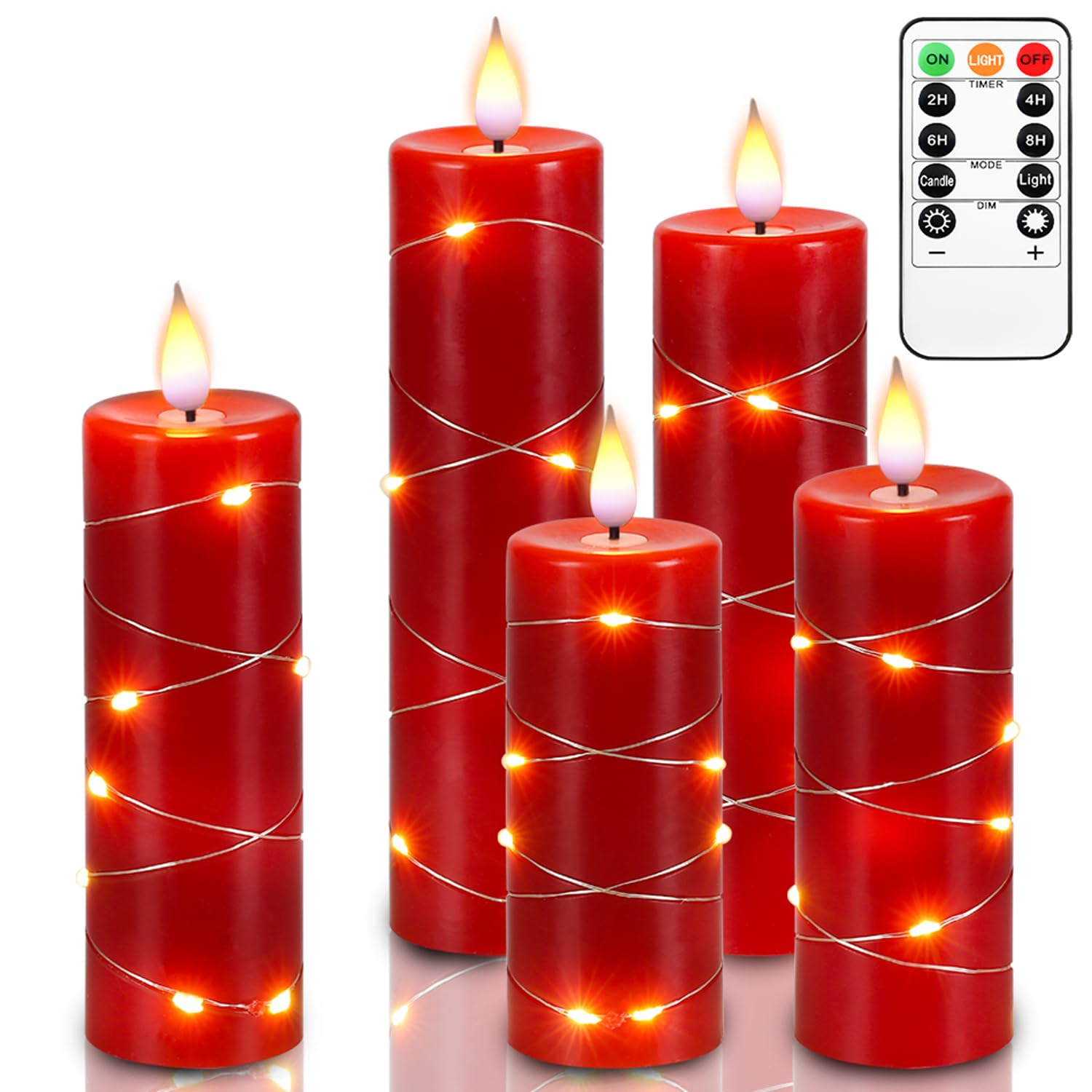 Red Flameless Candle Fairy Lights Set of 5 Battery Powered, Remote