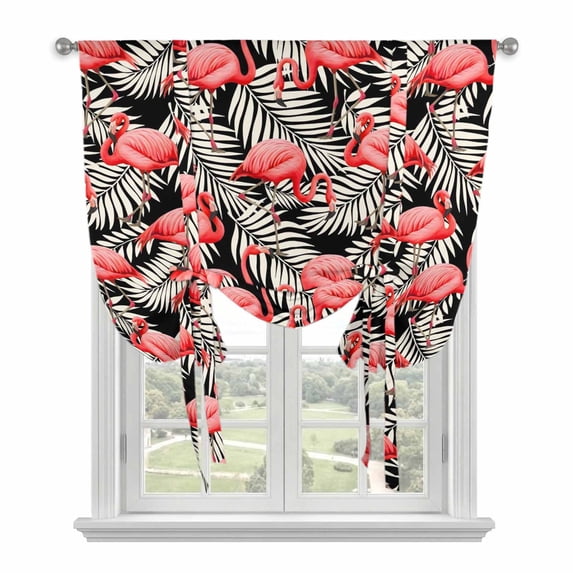 Red Flamingo Balloon Curtains for Bedroom/Front Door/Bathroom, Summer Tropical Plants Leaves Botanical Black Tie Up Curtains 63 Inch Length Light Filtering Kitchen Curtains Shades for Windows 46"x63"
