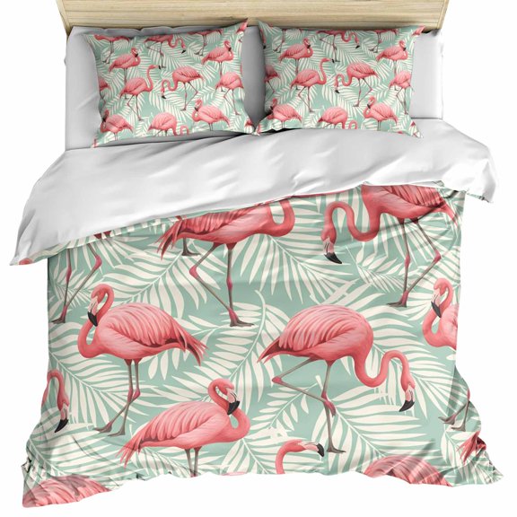 Red Flamingo Bedding 3 Piece Duvet Cover Set Queen Size, Summer Tropical Plants Leaves Botanical Green Microfiber Comforter Cover with Zipper Closure & Pillowcases, FadeResistant Quilt Cover