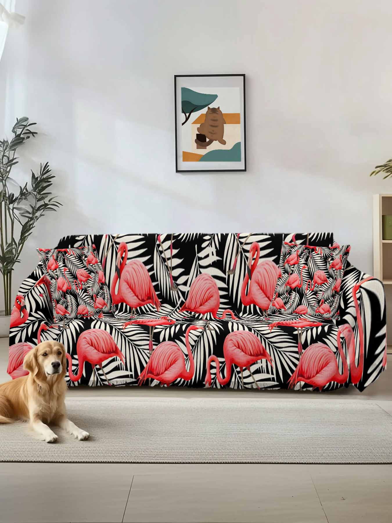 Red Flamingo Couch Cover, Summer Tropical Plants Leaves Botanical Black ...