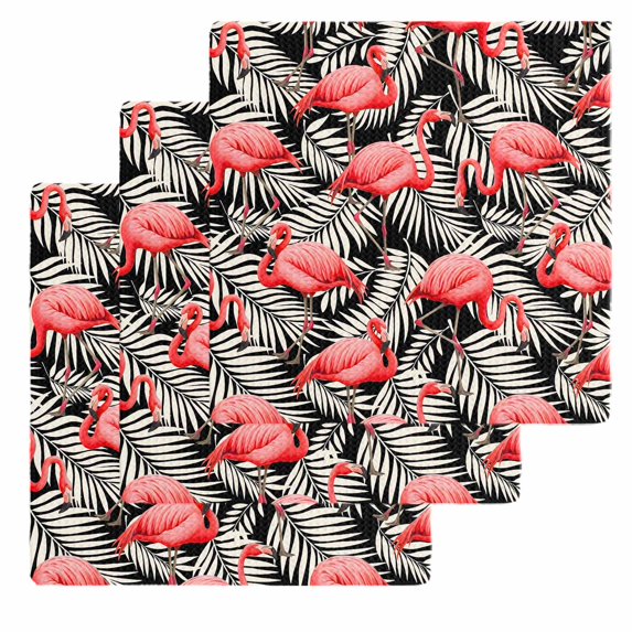 Red Flamingo Kitchen Dish Towels for Drying Dishes Set of 3, Summer Tropical Plants Leaves Botanical Black Waffle Weave Microfiber Hand Tea Bathroom Towels Quick Dry & Absorbent Towel 12x12