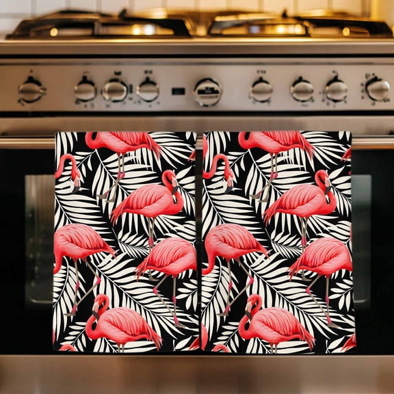 Red Flamingo Kitchen Towels Set of 1, Summer Tropical Plants Leaves Botanical Black Absorbent Dish Towels for Kitchen, Microfiber Hand Towel, Quick Drying Tea Towel for Cleaning Decorative Dishcloths