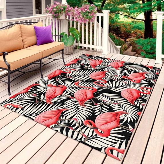 Red Flamingo Outdoor Rug 5x7 Ft, Non Slip Washable Area Rug, Summer Tropical Plants Leaves Botanical Black Patio Rugs Carpet Runner, Large Floor Mat for Indoor/Outdoor Deck Porch Camping
