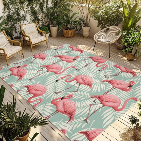 Red Flamingo Outdoor Rug for Patio/Deck/Porch, Non-Slip Large Area Rug 5 x 8 Ft, Summer Tropical Plants Leaves Botanical Green Indoor Outdoor Rugs Washable Area Rugs, Camping Rug Carpet Runner
