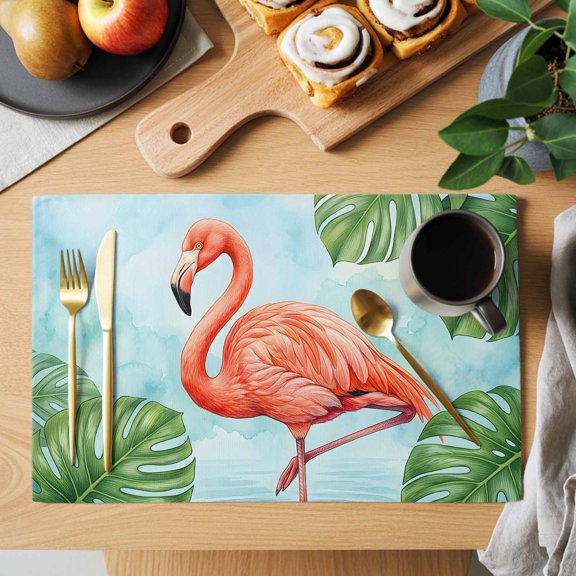 Red Flamingo Placemats Set of 12, Summer Tropical Green Monstera Leaf Water Ripples Non-Slip Place Mats Washable Table Mats for Kitchen Dining Table Decorations Indoor/Outdoor
