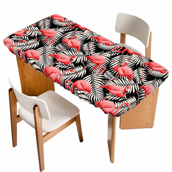 Red Flamingo Table Cloths for 3 Foot Rectangle Tables, Summer Tropical Plants Leaves Botanical Black Patio Waterproof Elastic Fitted Tablecloths, Washable Rectangular Table Cover for Camping