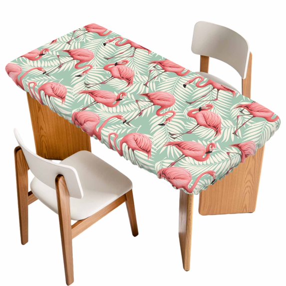 Red Flamingo Table Cloths for 5 Foot Rectangle Tables, Summer Tropical Plants Leaves Botanical Green Patio Waterproof Elastic Fitted Tablecloths, Washable Rectangular Table Cover for Camping