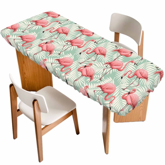 Red Flamingo Table Cloths for 8 Foot Rectangle Tables, Summer Tropical Plants Leaves Botanical Green Patio Waterproof Elastic Fitted Tablecloths, Washable Rectangular Table Cover for Camping