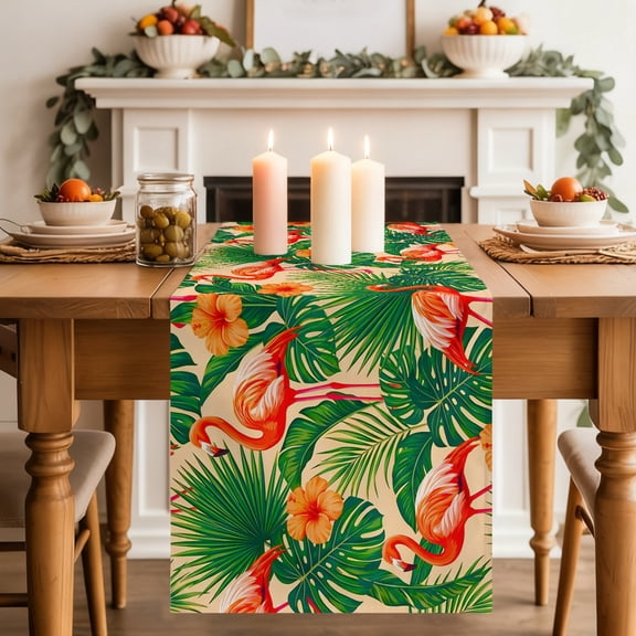Red Flamingos Dining Table Runner, Jungle Plants Hibiscus Flower Green Leaf Botanical Washable Table Runners Kitchen Coffee Table Center Decor for Home Party Holiday Wedding 13 x 70 Inches