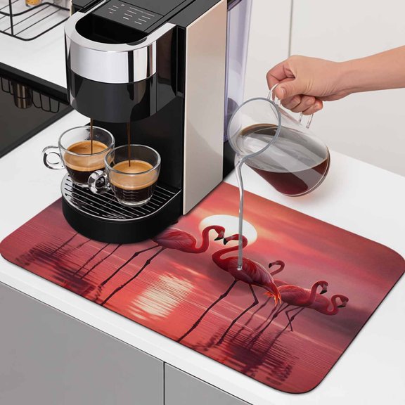 Red Flamingos Dish Drying Mats for Kitchen Counter, Tropical Animal Romantic Silhouette at Dusk Sunset Glow Absorbent Coffee Bar Mat with Non-slip Rubber Backed Quick Drying Dish Rack Pad 12"x16"