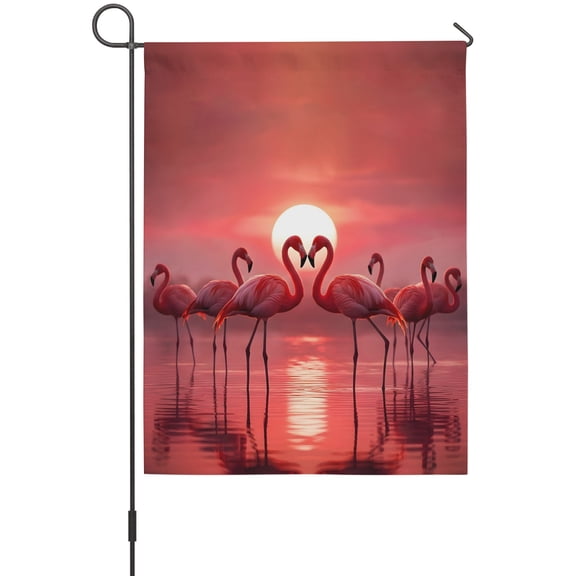 Red Flamingos House Flag 28 x 40 Inches, Tropical Animal Romantic Silhouette at Dusk Sunset Glow Weather Proof Outdoor Patio Flags Double Sided Small House Decoration for Yard Lawn Outside Home