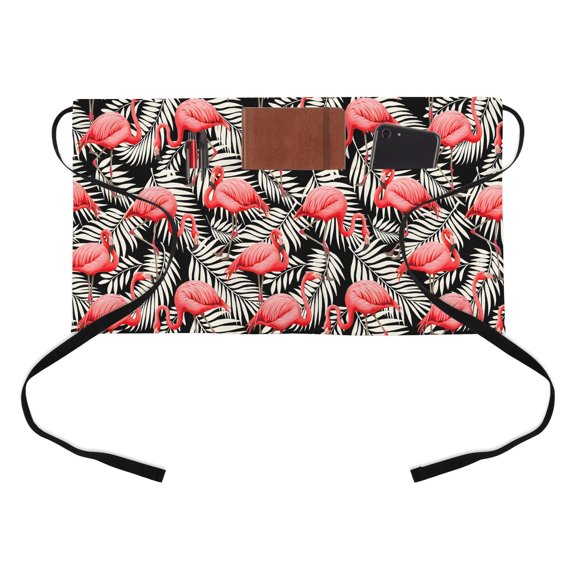 Red Flamingos Kitchen Restaurant Half Waist Apron, White Tropical Plant Leaves Summer Vibes Black Server Short Apron with 3 Pockets Waterproof Oil Waist Aprons for Women Waitress Waiter