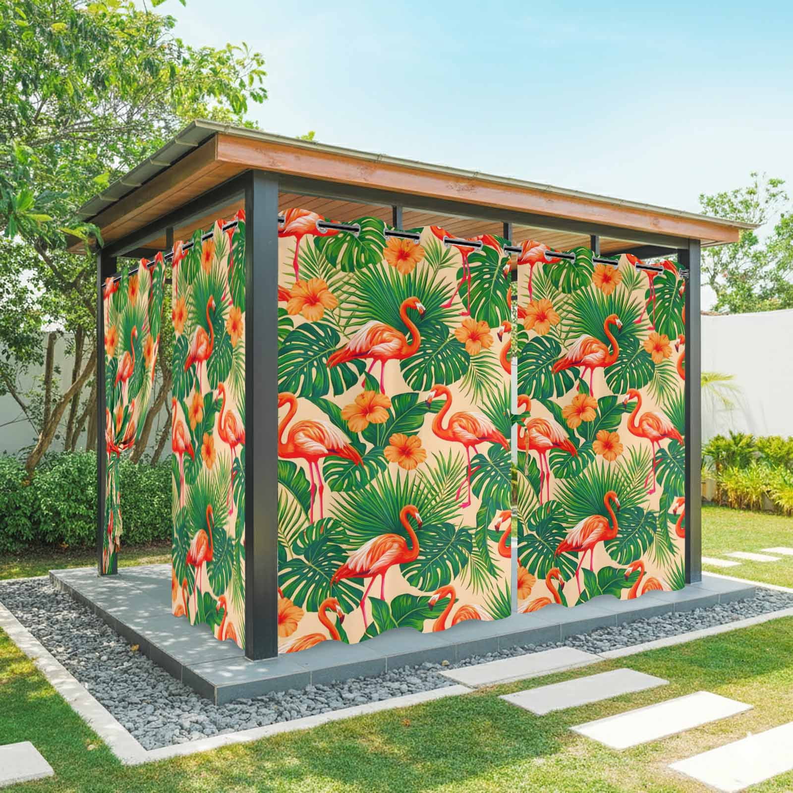 Red Flamingos Outdoor Curtains for Patio, Jungle Plants Hibiscus Flower Green Leaf Botanical Sunshade Privacy Drapes Grommet Waterproof Outside Curtains for Porch/Cabana/Balcony 54"x 108", 1 Panel