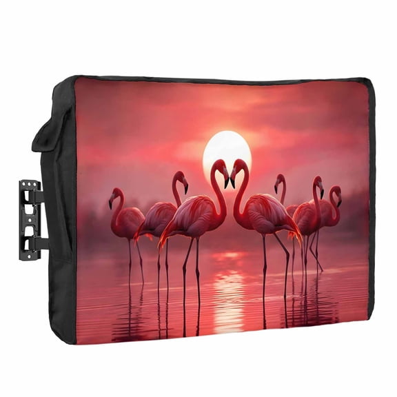 Red Flamingos Outdoor TV Cover Tropical Animal Romantic Silhouette at Dusk Sunset Glow Waterproof Weatherproof TV Screen Protector with Remote Control Pocket for 60 to 65 Inch Television Outside