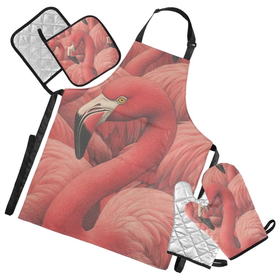 Red Flamingos Oven Mitts and Pot Holders with Chef Apron Set 5 Pcs Kitchen Cooking Set