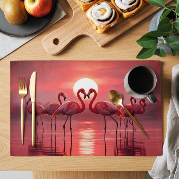 Red Flamingos Placemats Set of 12, Tropical Animal Romantic Silhouette at Dusk Sunset Glow Non-Slip Place Mats Washable Table Mats for Kitchen Dining Table Decorations Indoor/Outdoor