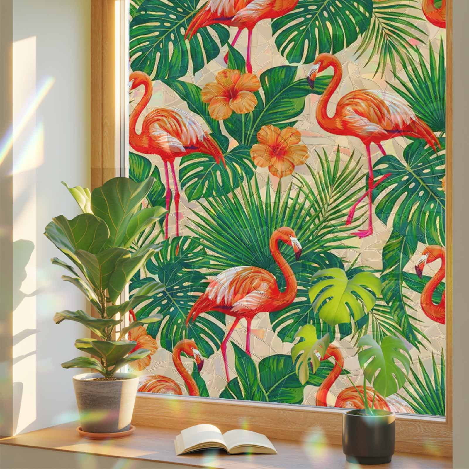 Red Flamingos Window Privacy Film, Jungle Plants Hibiscus Flower Green ...