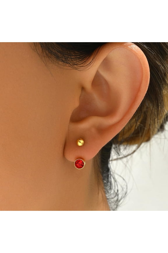 Red Flat Round Stud Earrings Stainless Steel Cubic Zirconia Golden Minimalist 14x5mm for Men Women Red