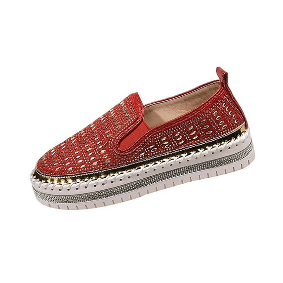 Red Flats Shoes For Ladies Solid Rhinestone Round Toe Slip On Shallow Thick Sole Loafers Comfortable For Everyday Style And Easy Slip On Design Size 40