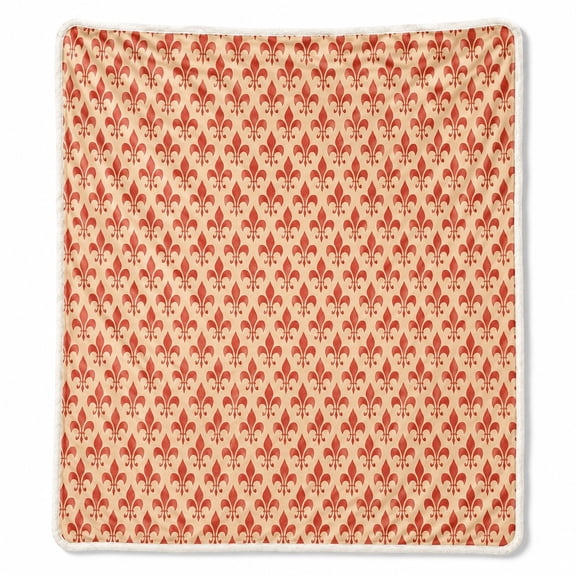 Red Fleur-de-Lis Sherpa Blanket, Polyester Fleece 2-Layer Printed Throw, Cream Pattern, Machine Washable
